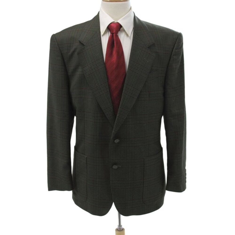 Lanvin Mens Wool Plaid Blazer Collared Button Long Sleeve Green Classic Size 40
